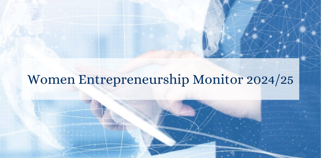 Hände, die ein Tablet bedienen, vor einem digitalen Netzwerk- und Globus-Hintergrund – Symbolbild für Technologie, Innovation und internationale Gründungstrends im Women Entrepreneurship Monitor 2024/25.